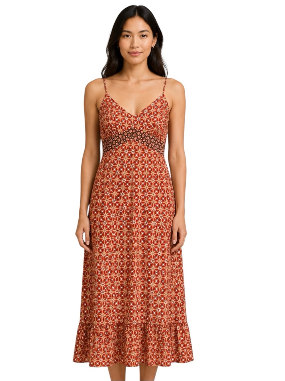Ann Taylor LOFT Orange Brown Retro Floral Print Midi Dress Size 6